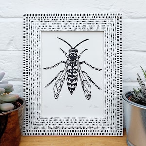 Hornet Linocut Wall Art, Monochrome Print, Handprinted Original Insect Art, Eco Friendly Artwork, Gift for Insect Lover, Entomology Fan