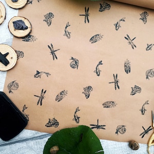 Pond Life Ink Stamps, Dragonfly, Frog, Snail, Lily Pad, Koi Carp Hand Carved Printing Blocks, DIY Eco Wrapping Paper, Recyclable Paper,