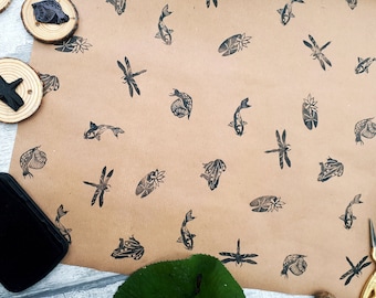 Pond Life Ink Stamps, Dragonfly, Frog, Snail, Lily Pad, Koi Carp, Duck, Swan, Reeds Hand Carved Printing Blocks, DIY Eco Wrapping Paper