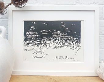 Ripple Effect Linocut Print, Nature Inspired Artwork, Raindrops Art, Handprinted Original Wall Art
