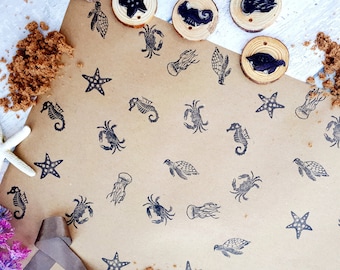 Sea Creatures Ink Stamps, Star Fish, Crab, Turtle, Jellyfish, Sea Horse Printing Blocks, DIY Eco Recyclable Wrapping Paper, Aquatic Stamps