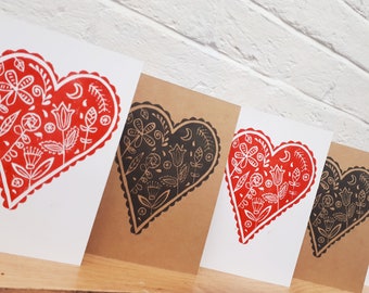 Handmade Mothers Day Heart Card, Hand Printed Linocut Card, Folk Style Flowers Card, Cute Mum Card, Original Artwork Card
