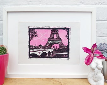Arte mural original de París, arte linograbado ecológico, escenas de ciudades europeas, arte de la Torre Eiffel francesa, arte de decoración rosa, regalo de novia romántica
