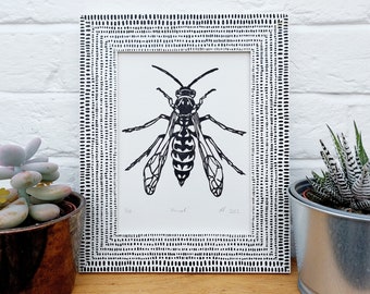 Hornet Linocut Wall Art, Impresión monocromática, Arte original de insectos impreso a mano, Obra de arte ecológica, Regalo para amantes de los insectos, Ventilador de entomología