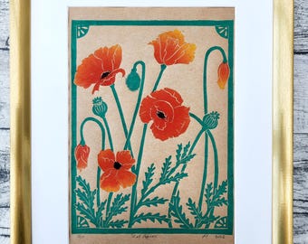Red Poppies Linocut Print, Original Floral Botanical Artwork, Hand Printed Wall Art, Gift for Mum, Poppy Art, Red Decor, Mother's Day Art