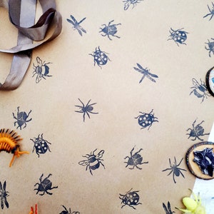 Insect Ink Stamps,  Spider, Scarab Beetle, Ladybird, Dragonfly, Bumble Bee, Moth, Stag Beetle Printing Blocks, Rubber Stamp, Wrapping Paper