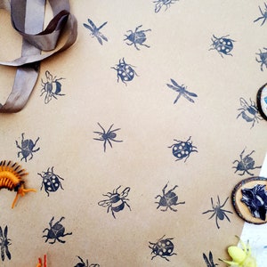 Insect Ink Stamps,  Spider, Beetle, Ladybird, Dragonfly Bee Printing Blocks, Moth Stamp, Recyclable Wrapping Paper