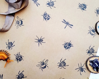 Insect Ink Stamps,  Spider, Beetle, Ladybird, Dragonfly Bee Printing Blocks, Moth Stamp, Recyclable Wrapping Paper