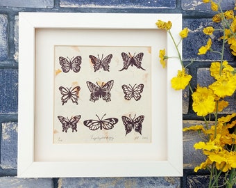 Lepidopterology Butterlfy Study Linocut Artwork, Hand Printed Insect Wall Art, Petal lokta Paper Eco Art, Thank You Teacher Gift