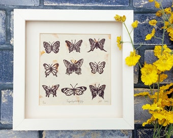 Lepidopterology Butterfly Study Linocut Artwork, Hand Printed Insect Wall Art, Petal lokta Paper Eco Art, Thank You Teacher Gift