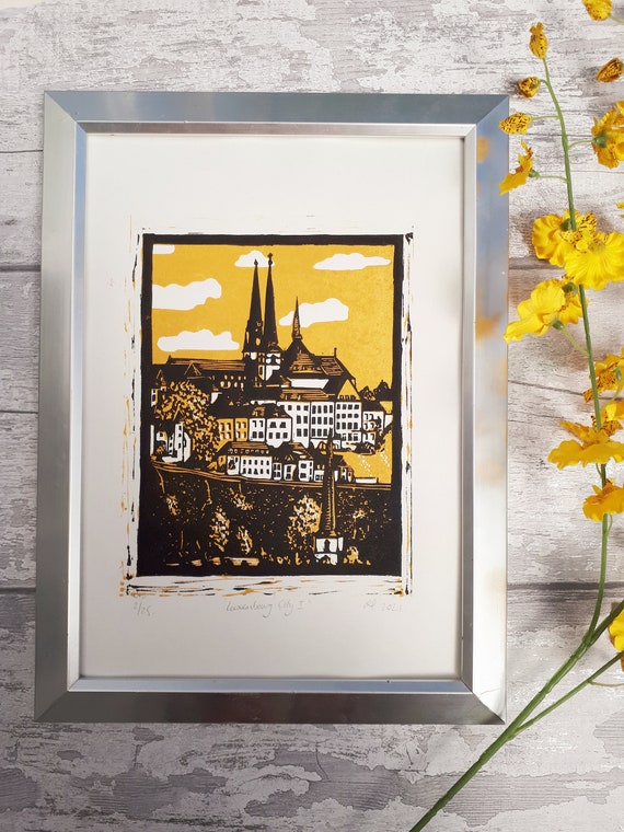 Luxembourg City Original Wall Art, Eco Friendly Linocut Art, European City Scene, Hand Printed Artwork, Gift for Him, Yellow Wall Art,