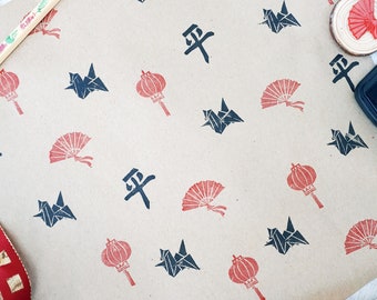 Hand Carved Chinese Ink Stamps, Chinese New Year Gift Stamps, Fan, Origami Crane, Peace Symbol, Chinese LanternPrinting Blocks, Rubber Stamp