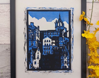 Edinburgh Original Wall Art, Eco Friendly Linocut Art, European City Scenes, Scottish Landmark Art, Blue Decor Artwork, Scotland Gift Idea