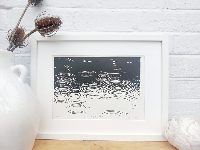Black and white ripples from raindrops linocut print