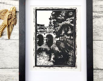 Pulteney Bridge Original Wall Art, Eco Friendly Linocut Art, European City Scenes, Bath City Landmark Art, Hand Printed Artwork, Gift Idea