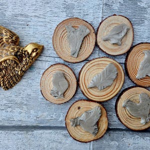 May include: A golden bird sculpture with outstretched wings is positioned near several small, round wooden slices. Each slice features a gray bird or feather design. The wood slices have visible growth rings, creating a rustic aesthetic.