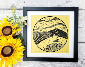 Mrs Hare Whimsical Yellow Linocut Wall Art, Countryside Scene, Lino Hand Pulled Print, Original UK Art