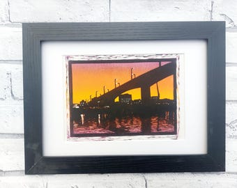 Itchen Bridge Sunset Original Wall Art, Southampton Art, Eco Friendly Linocut Art, City Scenes, Saints Football Club Artwork, Gift for Him