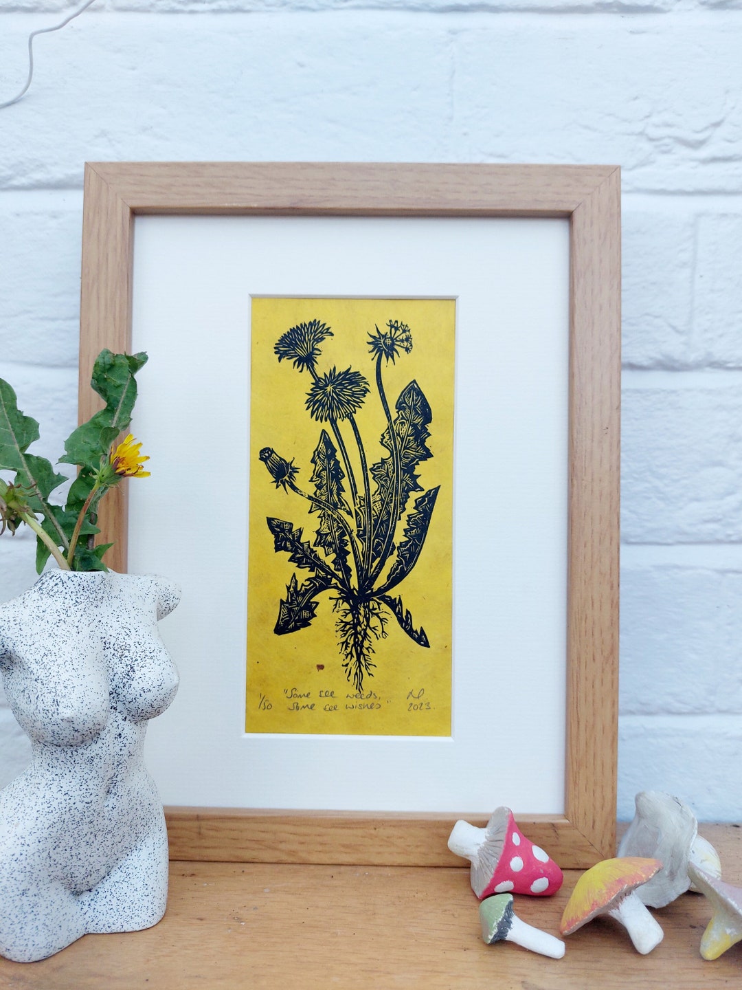 Dandelion Linocut Original Print, Floral Botanical Art, Hand Printed
