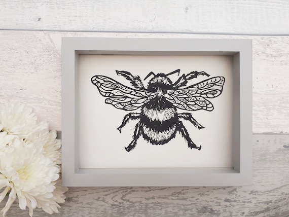 Bumble Bee Linocut Wall Art, Monochrome Print, Handprinted Original Insect Art, Eco Friendly Artwork, Tattoo Art, Gift for Insect Lover