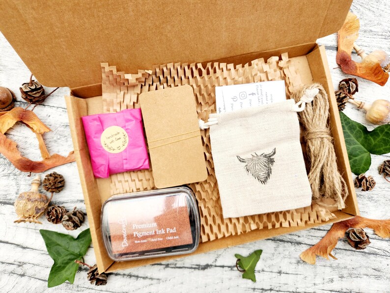 Hand carved Ink Stamp Set Gift Box, DIY Gift Tag Make Your Own Kit, Snail Mail Eco Gift Idea image 12