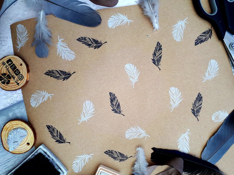 DIY Eco Recyclable Wrapping Paper Feather Ink Stamps Bird Lover Gift Hand Carved Printing Blocks