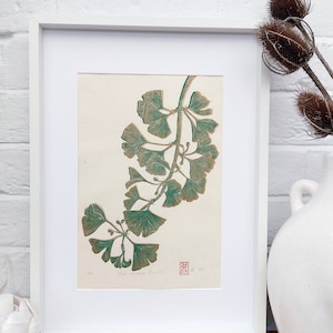 Linocut Ginkgo Branch Print in Green and Gold, Original Hand Pulled Artwork, Hand Printed Wall Art Gift Idea, Nature Inspired Botanical Art