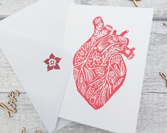 Handmade Linocut Flower Human Heart Valentines Day Card, Hand Printed Anatomical Heart Card, Recycled Eco Friendly Card, Alternative Goth