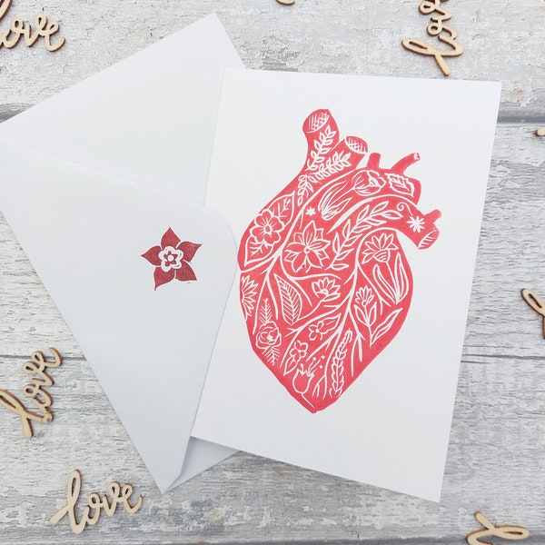 Handmade Linocut Flower Human Heart Valentines Day Card, Hand Printed Anatomical Heart Card, Recycled Eco Friendly Card, Alternative Goth