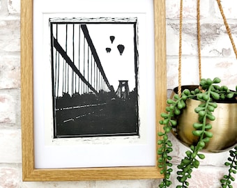 Clifton Suspension Bridge Original Wall Art, Eco Friendly Linocut Art, European City Scenes, Bristol Landmark Art, Architecture Artwork