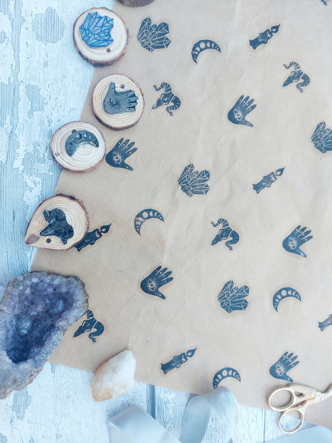 Hand Carved Occult Ink Stamps, Ram Skull, Crystal, Candle, Palmistry ...