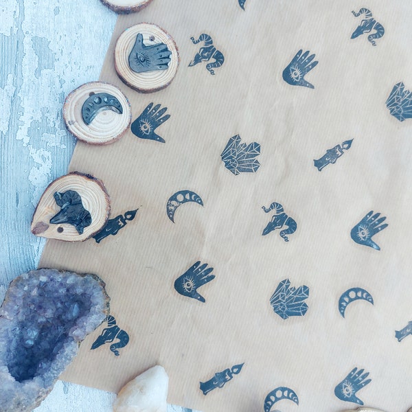 Hand Carved Occult Ink Stamps, Ram Skull, Crystal, Candle, Palmistry, Moon Phases Printing Blocks, Wicca Witchcraft Rubber Ink Stampers, Eco