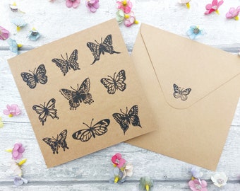 Tarjeta de felicitación de mariposas Linograbado impresa a mano, tarjeta de ventilador de insectos hecha a mano, tarjeta de cumpleaños de papel reciclado ecológico, tarjeta de arte original