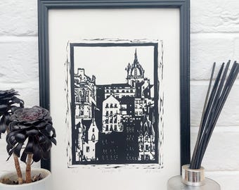 Edinburgh Original Wall Art, Eco Friendly Linocut Art, European City Scenes, Scottish Landmark Art, Hand Printed Artwork, Scotland Gift Idea