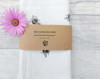 Toalla de té linocut bumble bee impresa a mano, idea de regalo para amantes de las abejas, idea de regalo para amantes de la naturaleza peculiar, regalo para ella