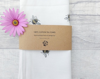 Hand Printed Linocut Bumble Bee Tea Towel, Bee Lover Gift Idea, Quirky Nature Lover Gift Idea, Gift for Her