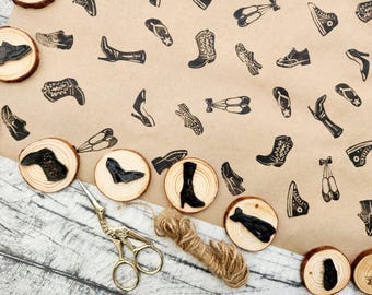 Shoes Ink Stamps, Boots, Stilettos, Crocs, Trainers, Flip-flop Printing Blocks, Hand Carved Rubber Stamp, DIY Eco Wrapping Paper