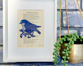 Robin in Blue Hand Printed Onto Poetry Paper, Unique Linocut Artwork, Nature Inspired Wall Art, Bird Spotter Gift, Thank You Teacher