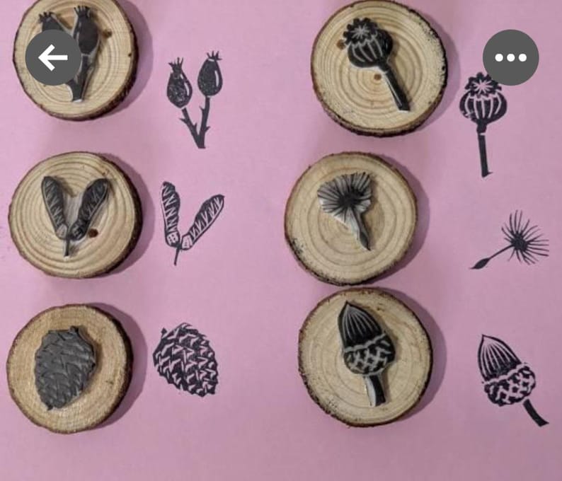 Seeds Ink Stamps, Pine Cone, Sycamore, Dandelion, Acorn, Poppy, Rosehip Printing Block, Hand Carved Rubber Stamp, DIY Eco Wrapping Paper image 13