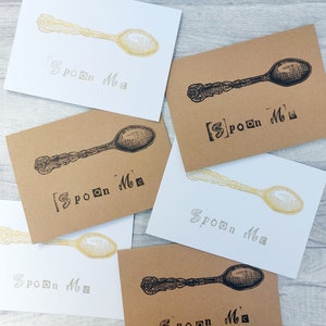 Tarjeta Linocut Spoon Me A5 impresa a mano, tarjeta de aniversario hecha a mano, tarjeta del Día de San Valentín, tarjeta de arte original de novio novia