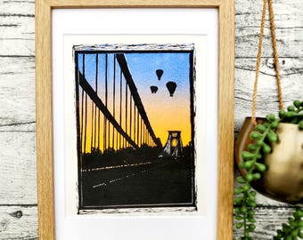 Clifton Suspension Bridge Original Wall Art, Eco Friendly Linocut Art, European City Scenes, Bristol Landmark Art, Sunset Artwork