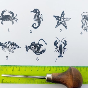 Sea Creatures Ink Stamps, Star Fish, Crab, Turtle, Jellyfish, Sea Horse, Angler Fish Printing Blocks, DIY Eco Wrapping Paper, Aquatic Stamps image 9