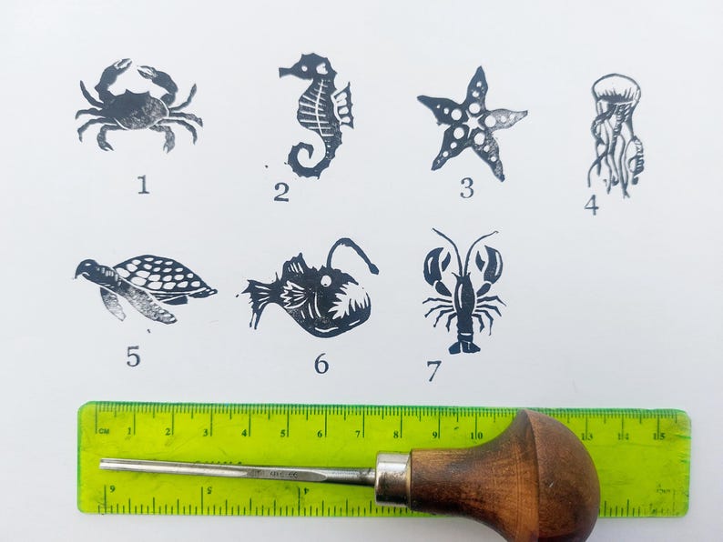 Sea Creatures Ink Stamps, Star Fish, Crab, Turtle, Jellyfish, Sea Horse, Angler Fish Printing Blocks, DIY Eco Wrapping Paper, Aquatic Stamps image 9