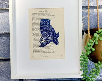 Owl in Blue Hand Printed Onto Poetry Paper, Unique Linocut Artwork, Nature Inspired Wall Art, Bird Spotter Gift