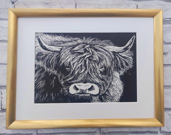 Highland Coo Linocut Print, Nature Inspired Artwork, Scottish Cow Art, Handprinted Original Wall Art