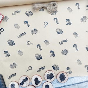 Book Themed Ink Stamp, Book Worm Gift, Mystery Book Printing Blocks, Book Lover Stationery, Hand Carved Rubber Stamp, DIY Eco Wrapping Paper