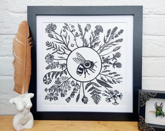 Linocut Wild Things Print in Black, Original Hand Pulled Artwork, Hand Printed Wall Art Gift, Nature Inspired, Botanical Art, Bee Lover Gift
