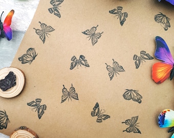 Butterfly Ink Stamps Set, Hand Carved Printing Block, Caterpillar Birthday Rubber Stamp, Recyclable Eco Paper, Hand Printed Wrapping Paper