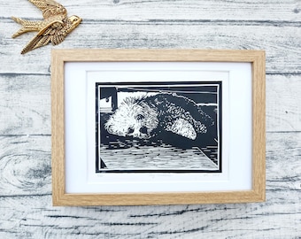 Cosy Cavachon Original Wall Art, Eco Friendly Linocut Art, Dog Lover Artwork, Hand Printed Artwork