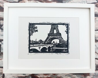 Arte mural original de París, arte linograbado ecológico, escenas de ciudades europeas, obras de arte de la Torre Eiffel francesa, impreso a mano, regalo para él